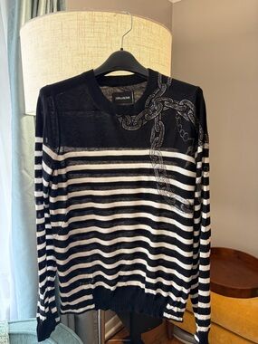 Zadig&Voltaire Black & White Striped Sweater with Chain Accent